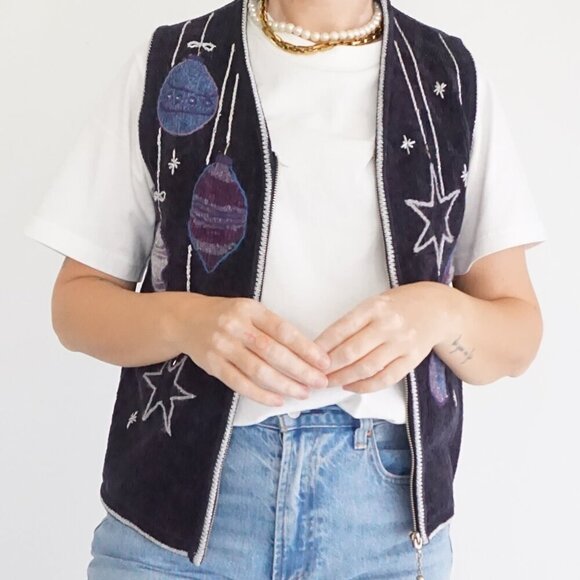 Vintage Christopher & Banks Navy Embroidered Christmas Ornaments Zip Vest S - Picture 2 of 9